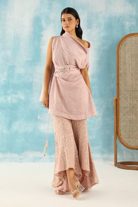 Shop Twenty Nine Peach Silk Embroidery Asymmetric Bandhani Woven Cowl Neck Top Online at Aza Fashions Shop_Twenty Nine_Peach Silk Embroidery Asymmetric Bandhani Woven Cowl Neck Top _Online_at_Aza_Fashions