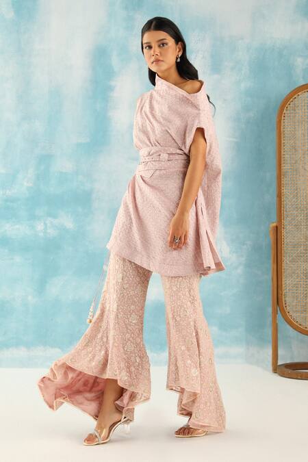 Twenty Nine Peach Silk Embroidery Asymmetric Bandhani Woven Cowl Neck Top at Aza Fashions Twenty Nine_Peach Silk Embroidery Asymmetric Bandhani Woven Cowl Neck Top _at_Aza_Fashions