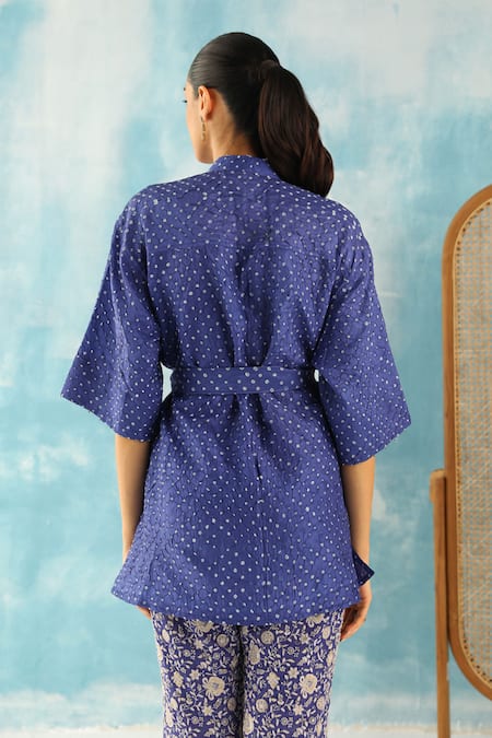 Shop Twenty Nine Blue Silk Mandarin Collar Raidaana Bandhani Woven Peplum Top at Aza Fashions Shop_Twenty Nine_Blue Silk Mandarin Collar Raidaana Bandhani Woven Peplum Top _at_Aza_Fashions