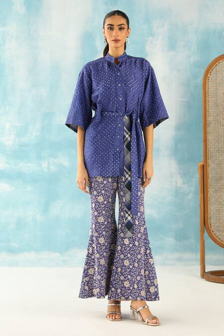 Twenty Nine Blue Silk Mandarin Collar Raidaana Bandhani Woven Peplum Top Online at Aza Fashions Twenty Nine_Blue Silk Mandarin Collar Raidaana Bandhani Woven Peplum Top _Online_at_Aza_Fashions