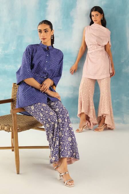 Buy Twenty Nine Blue Silk Mandarin Collar Raidaana Bandhani Woven Peplum Top Buy_Twenty Nine_Blue Silk Mandarin Collar Raidaana Bandhani Woven Peplum Top