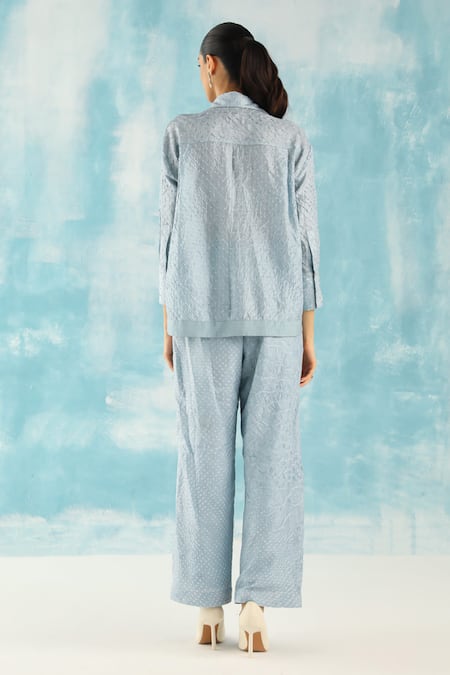 Shop Twenty Nine Blue Silk Embroidery Collared Raidaana Bandhani Woven Shirt at Aza Fashions Shop_Twenty Nine_Blue Silk Embroidery Collared Raidaana Bandhani Woven Shirt _at_Aza_Fashions