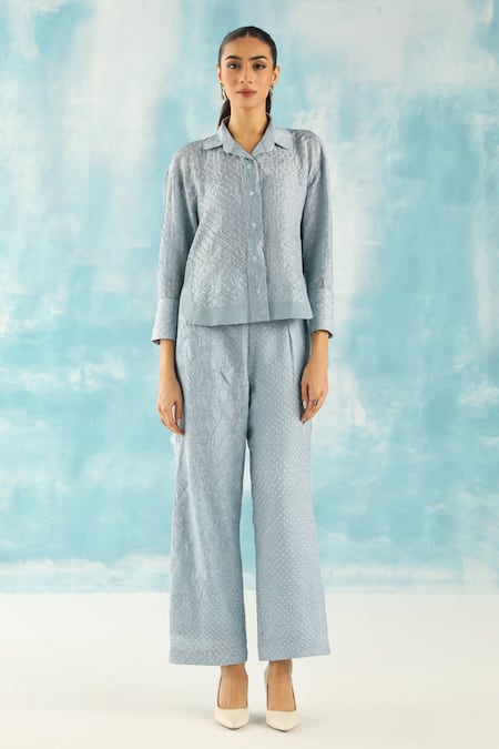 Twenty Nine Blue Silk Embroidery Collared Raidaana Bandhani Woven Shirt Online at Aza Fashions Twenty Nine_Blue Silk Embroidery Collared Raidaana Bandhani Woven Shirt _Online_at_Aza_Fashions