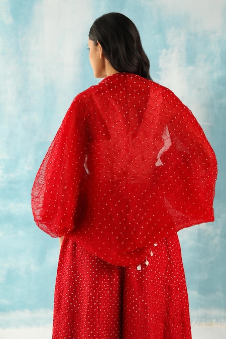 Shop Twenty Nine Red Raidaana Bandhani Woven Scarf Cape at Aza Fashions Shop_Twenty Nine_Red Raidaana Bandhani Woven Scarf Cape _at_Aza_Fashions