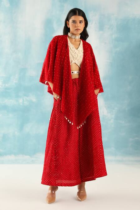 Twenty Nine Red Raidaana Bandhani Woven Scarf Cape Online at Aza Fashions Twenty Nine_Red Raidaana Bandhani Woven Scarf Cape _Online_at_Aza_Fashions