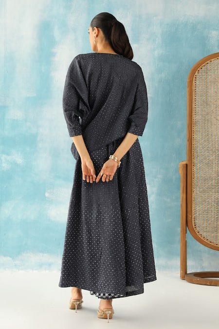 Shop Twenty Nine Grey Silk Embroidery Boat Neck Asymmetric Cowl Top at Aza Fashions Shop_Twenty Nine_Grey Silk Embroidery Boat Neck Asymmetric Cowl Top _at_Aza_Fashions