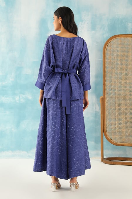 Shop Twenty Nine Blue Gingham Boat Neck Bandhani Woven Top at Aza Fashions Shop_Twenty Nine_Blue Gingham Boat Neck Bandhani Woven Top _at_Aza_Fashions