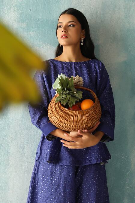 Twenty Nine Blue Gingham Boat Neck Bandhani Woven Top Online at Aza Fashions Twenty Nine_Blue Gingham Boat Neck Bandhani Woven Top _Online_at_Aza_Fashions