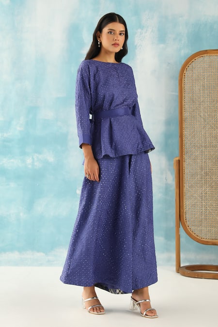 Shop Twenty Nine Blue Gingham Boat Neck Bandhani Woven Top Online at Aza Fashions Shop_Twenty Nine_Blue Gingham Boat Neck Bandhani Woven Top _Online_at_Aza_Fashions