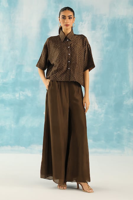 Twenty Nine Green Silk Embroidery Collared Raidaana Bandhani Woven Shirt Online at Aza Fashions Twenty Nine_Green Silk Embroidery Collared Raidaana Bandhani Woven Shirt _Online_at_Aza_Fashions