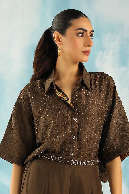 Shop Twenty Nine Green Silk Embroidery Collared Raidaana Bandhani Woven Shirt Online at Aza Fashions Shop_Twenty Nine_Green Silk Embroidery Collared Raidaana Bandhani Woven Shirt _Online_at_Aza_Fashions