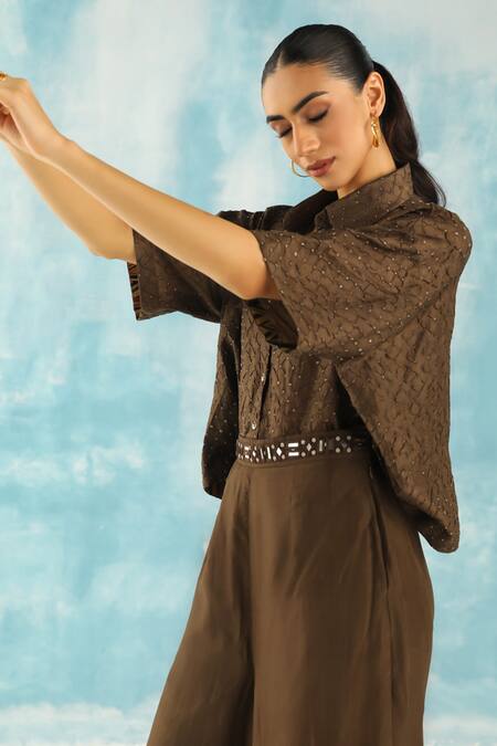 Twenty Nine Green Silk Embroidery Collared Raidaana Bandhani Woven Shirt at Aza Fashions Twenty Nine_Green Silk Embroidery Collared Raidaana Bandhani Woven Shirt _at_Aza_Fashions