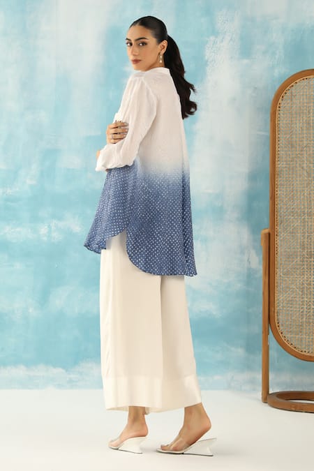 Shop Twenty Nine White Silk Embroidery Mandarin Collar Ombre Raidaana Bandhani Woven Tunic at Aza Fashions Shop_Twenty Nine_White Silk Embroidery Mandarin Collar Ombre Raidaana Bandhani Woven Tunic _at_Aza_Fashions