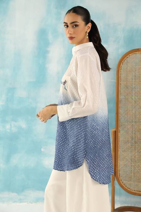 Twenty Nine White Silk Embroidery Mandarin Collar Ombre Raidaana Bandhani Woven Tunic Online at Aza Fashions Twenty Nine_White Silk Embroidery Mandarin Collar Ombre Raidaana Bandhani Woven Tunic _Online_at_Aza_Fashions