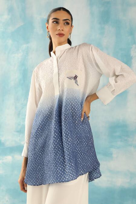 Buy Twenty Nine White Silk Embroidery Mandarin Collar Ombre Raidaana Bandhani Woven Tunic Online at Aza Fashions Buy_Twenty Nine_White Silk Embroidery Mandarin Collar Ombre Raidaana Bandhani Woven Tunic _Online_at_Aza_Fashions