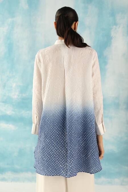 Shop Twenty Nine White Silk Embroidery Mandarin Collar Ombre Raidaana Bandhani Woven Tunic Online at Aza Fashions Shop_Twenty Nine_White Silk Embroidery Mandarin Collar Ombre Raidaana Bandhani Woven Tunic _Online_at_Aza_Fashions