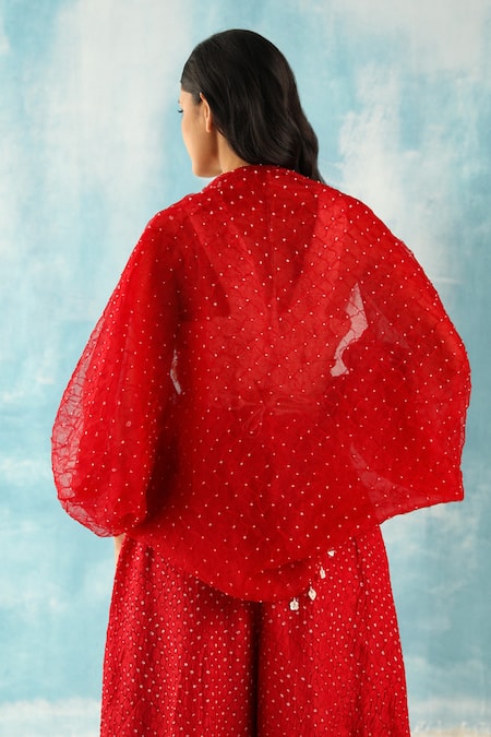 Shop Twenty Nine Red Raidaana Bandhani Woven Cape at Aza Fashions Shop_Twenty Nine_Red Raidaana Bandhani Woven Cape _at_Aza_Fashions