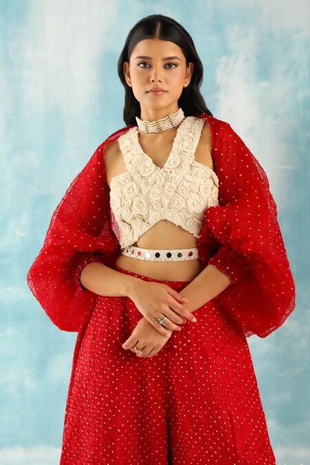 Shop Twenty Nine Red Raidaana Bandhani Woven Cape Online at Aza Fashions Shop_Twenty Nine_Red Raidaana Bandhani Woven Cape _Online_at_Aza_Fashions