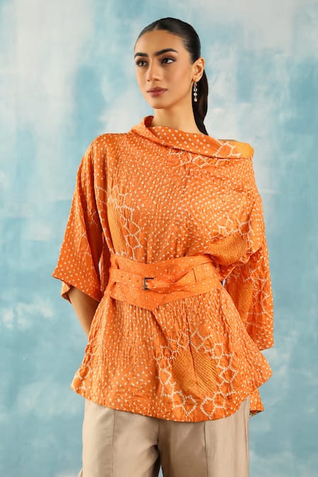 Twenty Nine_Orange Silk Embroidery Cowl Neck Bandhani Woven Top _Online_at_Aza_Fashions