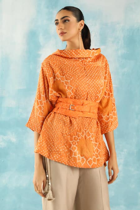 Buy_Twenty Nine_Orange Silk Embroidery Cowl Neck Bandhani Woven Top _Online_at_Aza_Fashions