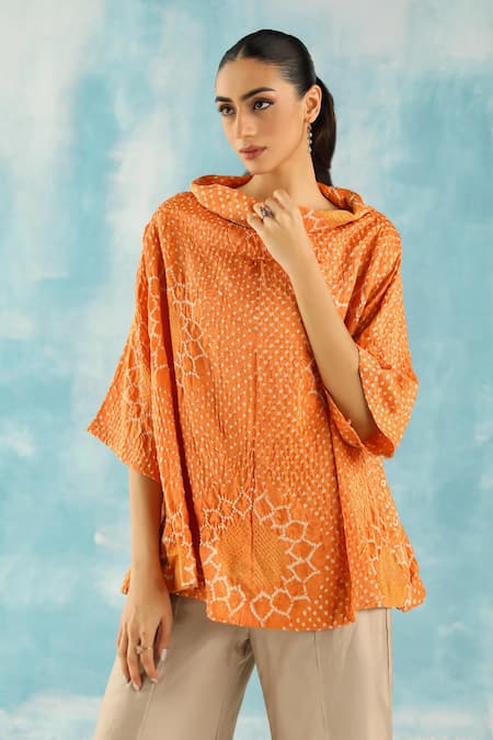 Shop_Twenty Nine_Orange Silk Embroidery Cowl Neck Bandhani Woven Top _Online_at_Aza_Fashions