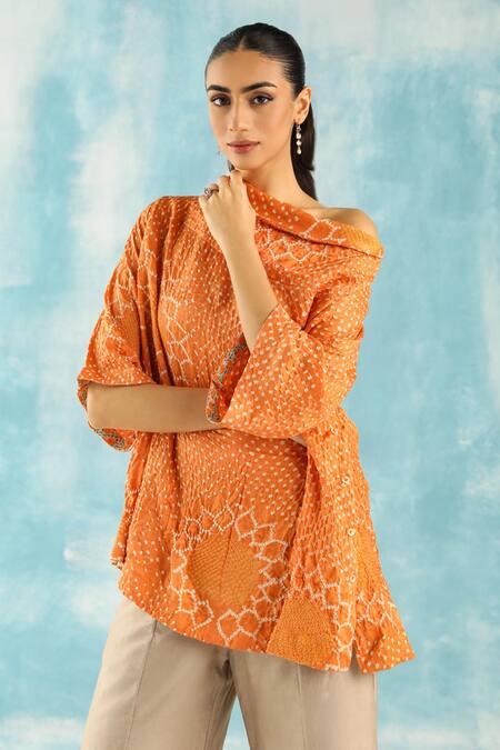 Twenty Nine_Orange Silk Embroidery Cowl Neck Bandhani Woven Top _at_Aza_Fashions