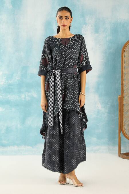 Twenty Nine Grey Silk Embroidery Boat Neck Bandhani Woven Kaftan Tunic Online at Aza Fashions Twenty Nine_Grey Silk Embroidery Boat Neck Bandhani Woven Kaftan Tunic _Online_at_Aza_Fashions