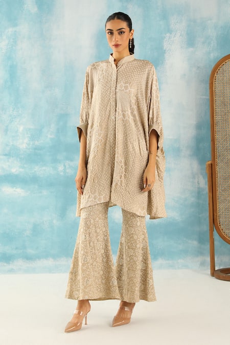 Twenty Nine_Beige Silk Mandarin Collar Bandhani Woven Kaftan Tunic _Online_at_Aza_Fashions