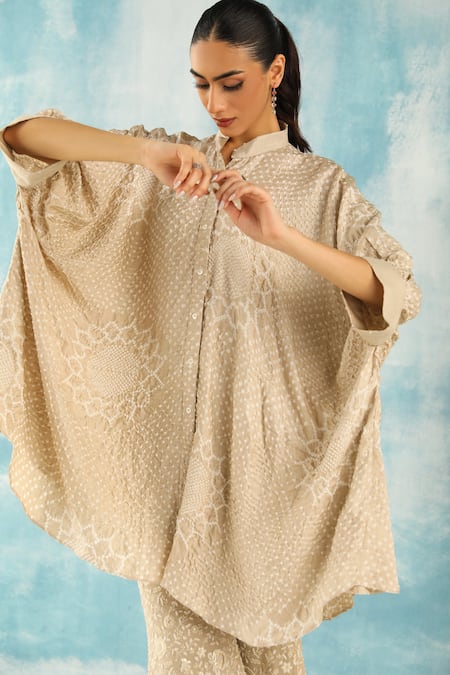 Shop_Twenty Nine_Beige Silk Mandarin Collar Bandhani Woven Kaftan Tunic _Online_at_Aza_Fashions