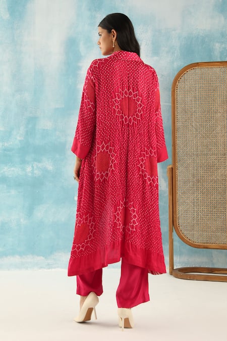 Shop Twenty Nine Red Silk Embroidery Collared Floral Bandhani Jacket at Aza Fashions Shop_Twenty Nine_Red Silk Embroidery Collared Floral Bandhani Jacket _at_Aza_Fashions