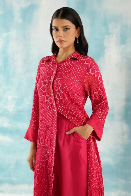 Shop Twenty Nine Red Silk Embroidery Collared Floral Bandhani Jacket Online at Aza Fashions Shop_Twenty Nine_Red Silk Embroidery Collared Floral Bandhani Jacket _Online_at_Aza_Fashions