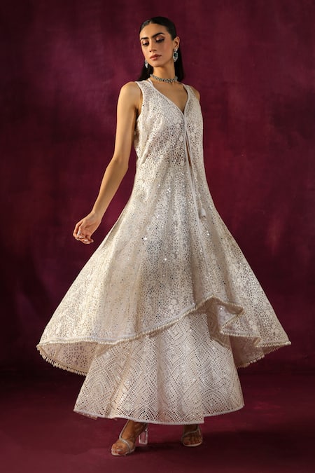 Buy Twenty Nine White Lace Embroidery, Mirrors V-neck Floral Work Sherwani Jacket Online at Aza Fashions Buy_Twenty Nine_White Lace Embroidery, Mirrors V-neck Floral Work Sherwani Jacket _Online_at_Aza_Fashions