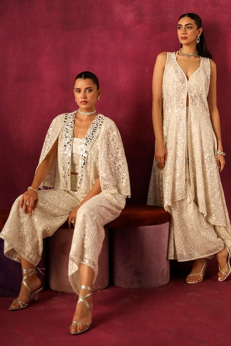 Buy Twenty Nine White Lace Embroidery, Mirrors V-neck Floral Work Sherwani Jacket Buy_Twenty Nine_White Lace Embroidery, Mirrors V-neck Floral Work Sherwani Jacket