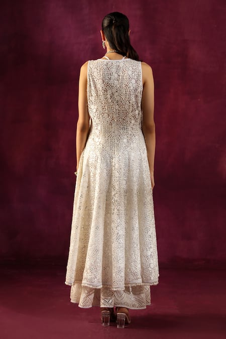 Shop Twenty Nine White Lace Embroidery, Mirrors V-neck Floral Work Sherwani Jacket at Aza Fashions Shop_Twenty Nine_White Lace Embroidery, Mirrors V-neck Floral Work Sherwani Jacket _at_Aza_Fashions