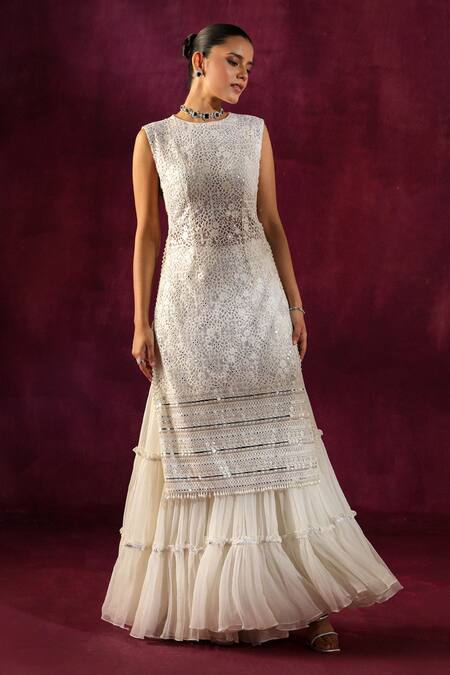 Twenty Nine White Embroidery, Mirrors Round Neck Floral Lace Work Tunic Online at Aza Fashions Twenty Nine_White Embroidery, Mirrors Round Neck Floral Lace Work Tunic _Online_at_Aza_Fashions