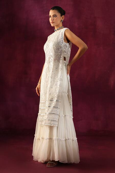 Shop Twenty Nine White Embroidery, Mirrors Round Neck Floral Lace Work Tunic Online at Aza Fashions Shop_Twenty Nine_White Embroidery, Mirrors Round Neck Floral Lace Work Tunic _Online_at_Aza_Fashions