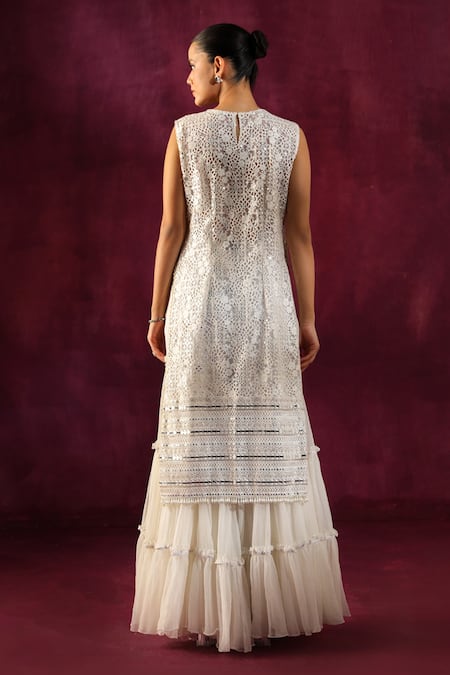 Shop Twenty Nine White Embroidery, Mirrors Round Neck Floral Lace Work Tunic at Aza Fashions Shop_Twenty Nine_White Embroidery, Mirrors Round Neck Floral Lace Work Tunic _at_Aza_Fashions