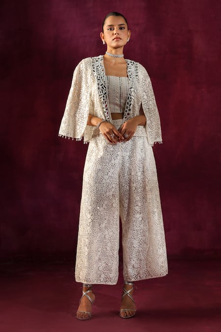 Twenty Nine White Lace Mirrors, Embroidery Open Neck Mirrorwork Cropped Jacket Online at Aza Fashions Twenty Nine_White Lace Mirrors, Embroidery Open Neck Mirrorwork Cropped Jacket _Online_at_Aza_Fashions