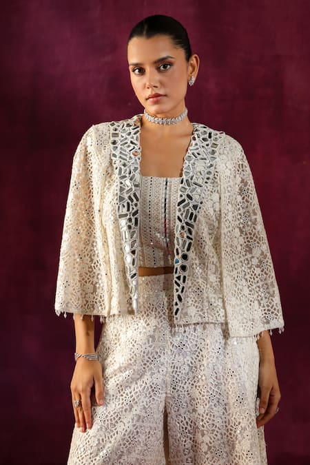 Buy Twenty Nine White Lace Mirrors, Embroidery Open Neck Mirrorwork Cropped Jacket Online at Aza Fashions Buy_Twenty Nine_White Lace Mirrors, Embroidery Open Neck Mirrorwork Cropped Jacket _Online_at_Aza_Fashions