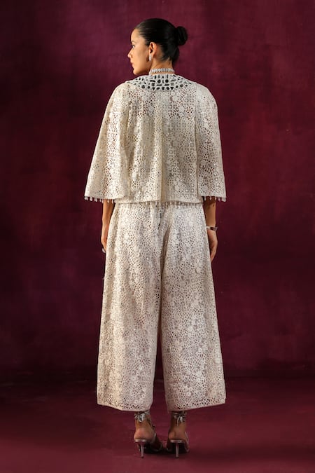 Shop Twenty Nine White Lace Mirrors, Embroidery Open Neck Mirrorwork Cropped Jacket at Aza Fashions Shop_Twenty Nine_White Lace Mirrors, Embroidery Open Neck Mirrorwork Cropped Jacket _at_Aza_Fashions