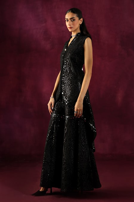 Twenty Nine Black Georgette Mirrors V-neck Hand Embroidered Asymmetric Jacket Online at Aza Fashions Twenty Nine_Black Georgette Mirrors V-neck Hand Embroidered Asymmetric Jacket _Online_at_Aza_Fashions