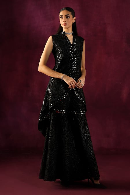 Buy Twenty Nine Black Georgette Mirrors V-neck Hand Embroidered Asymmetric Jacket Online at Aza Fashions Buy_Twenty Nine_Black Georgette Mirrors V-neck Hand Embroidered Asymmetric Jacket _Online_at_Aza_Fashions