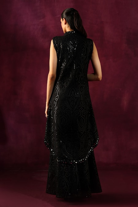 Shop Twenty Nine Black Georgette Mirrors V-neck Hand Embroidered Asymmetric Jacket at Aza Fashions Shop_Twenty Nine_Black Georgette Mirrors V-neck Hand Embroidered Asymmetric Jacket _at_Aza_Fashions