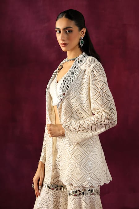 Shop Twenty Nine White Lace Lace, Mirrors Work Blazer Online at Aza Fashions Shop_Twenty Nine_White Lace Lace, Mirrors Work Blazer _Online_at_Aza_Fashions