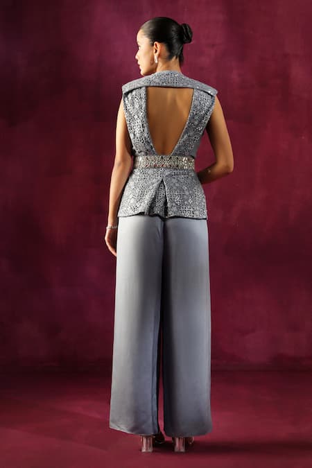 Shop Twenty Nine Grey Embroidery, Round Neck Hand Backless Jacket at Aza Fashions Shop_Twenty Nine_Grey Embroidery, Round Neck Hand Backless Jacket _at_Aza_Fashions