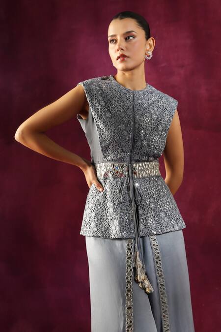 Buy Twenty Nine Grey Embroidery, Round Neck Hand Backless Jacket Online at Aza Fashions Buy_Twenty Nine_Grey Embroidery, Round Neck Hand Backless Jacket _Online_at_Aza_Fashions