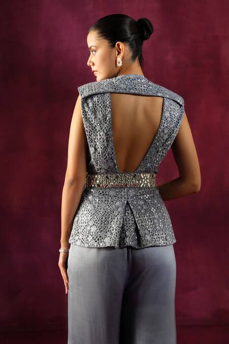 Shop Twenty Nine Grey Embroidery, Round Neck Hand Backless Jacket Online at Aza Fashions Shop_Twenty Nine_Grey Embroidery, Round Neck Hand Backless Jacket _Online_at_Aza_Fashions