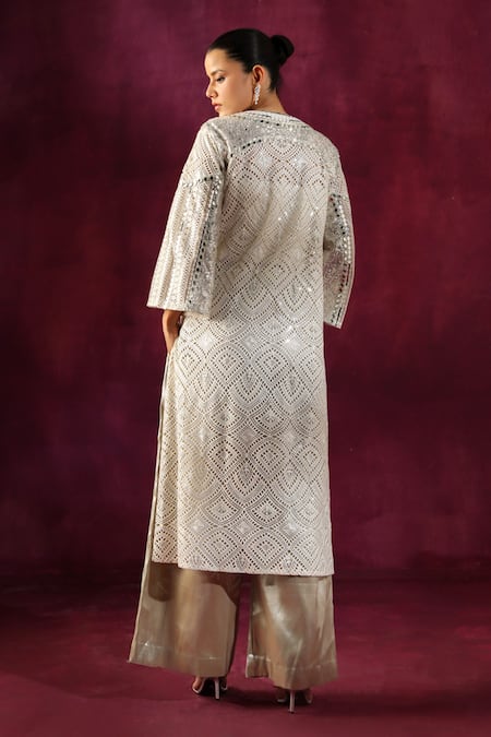 Shop Twenty Nine Green Lace Lace, Mirrors Open Neck Geometric Embroidered Long Jacket at Aza Fashions Shop_Twenty Nine_Green Lace Lace, Mirrors Open Neck Geometric Embroidered Long Jacket _at_Aza_Fashions