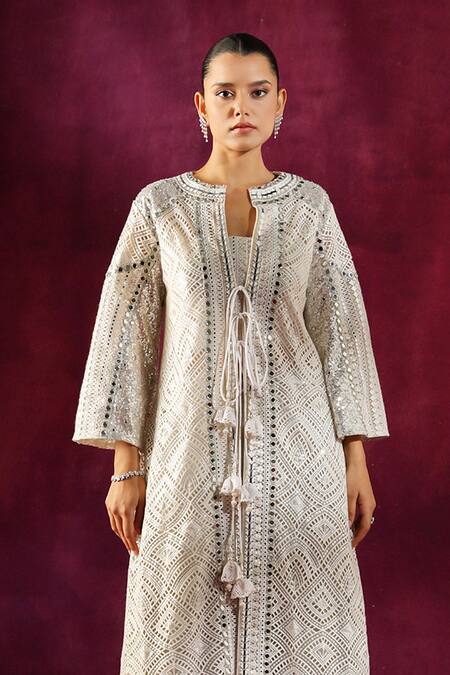 Twenty Nine Green Lace Lace, Mirrors Open Neck Geometric Embroidered Long Jacket Online at Aza Fashions Twenty Nine_Green Lace Lace, Mirrors Open Neck Geometric Embroidered Long Jacket _Online_at_Aza_Fashions