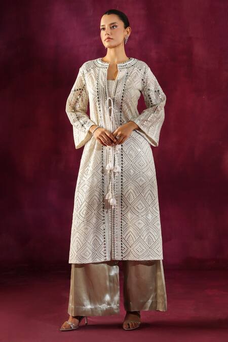 Buy Twenty Nine Green Lace Lace, Mirrors Open Neck Geometric Embroidered Long Jacket Online at Aza Fashions Buy_Twenty Nine_Green Lace Lace, Mirrors Open Neck Geometric Embroidered Long Jacket _Online_at_Aza_Fashions